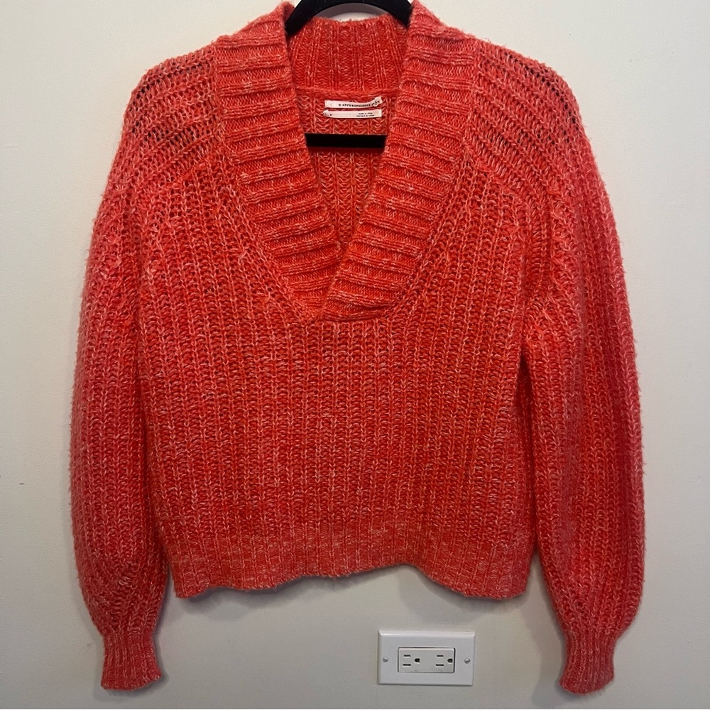 Anthropologie Pink Wool V-Neck Sweater Spring Career Office Work Minimalist Boho